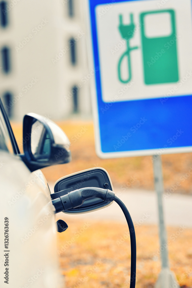 Electric vehicle charge port with power cable inserted, green energy solutions and efficient charging infrastructure. Charging port with power connector attached, selective focus