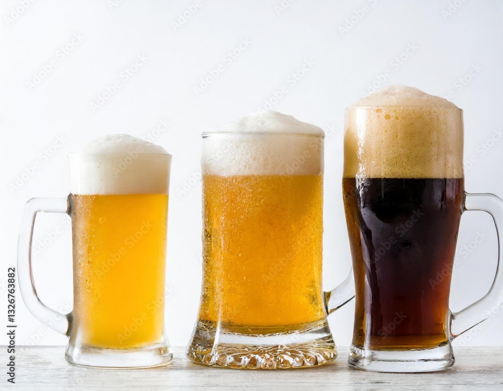Set of Beer Cocktails with Frothy Foam in Various Glasses and Mugs Isolated on White Background Set of Beer Cocktails with Frothy Foam in Various Glasses and Mugs Isolated on White Background