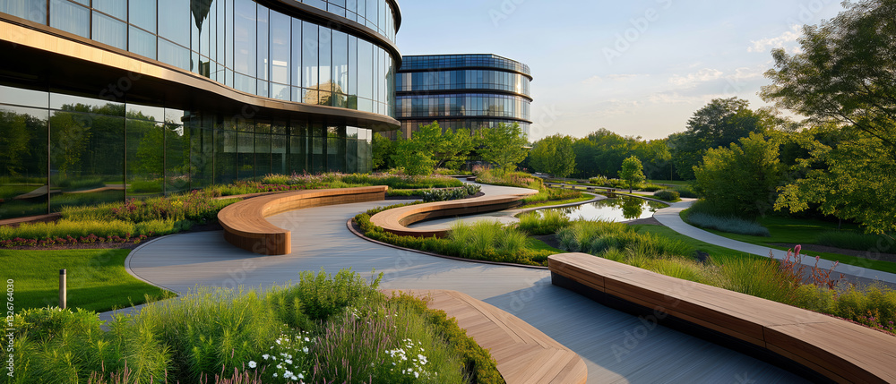 Fototapeta premium Futuristic business park with innovative architectural design and lush greenery