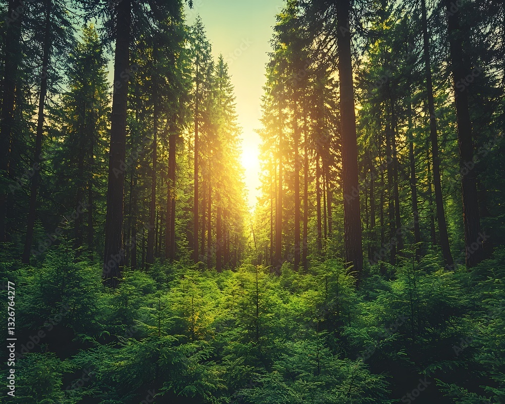 Fototapeta premium Majestic Forest of Towering Sequoia Trees with Lush Undergrowth and Glowing Sunlight