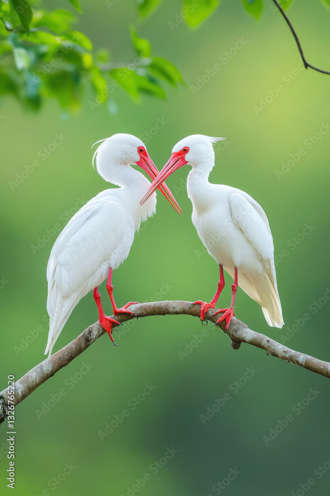 Obraz premium Two white birds with red beaks and legs perched on branch, surrounded by lush green foliage, creating serene and natural setting