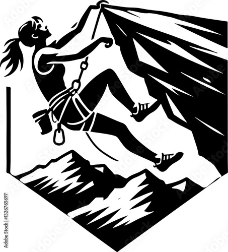 Female Mountain Climber Going Up A Over Hang, Black And White Climbing Silhouette