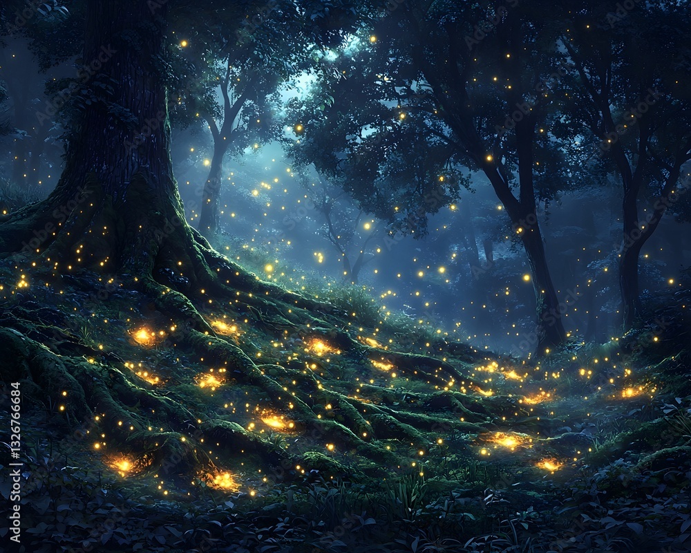Naklejka premium Enchanted Forest with Glowing Fireflies and Moss Covered Roots
