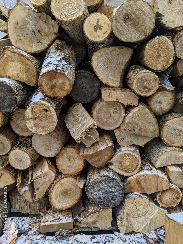 Fototapeta premium A stack of cut firewood pieces neatly arranged outdoors during winter. The scene emphasizes practicality, warmth, rustic design, and outdoor crafting, ideal for illustrating rural or cozy themes.
