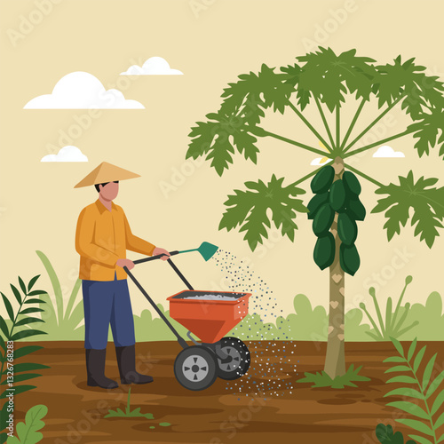 Farmer Spreading Fertilizer with Spreader on Agricultural Land Near Tree