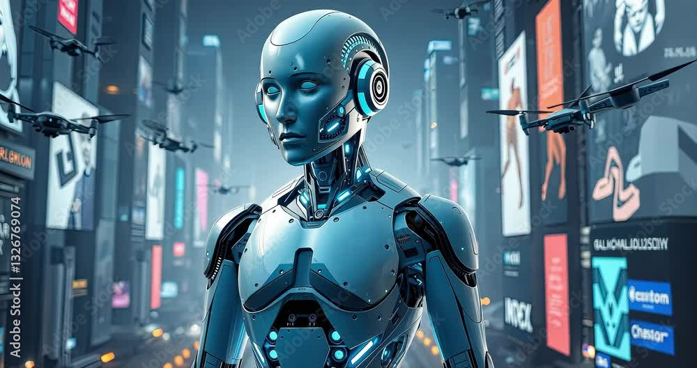 Futuristic robot in a city with drones (1) Futuristic robot in a city with drones (1)