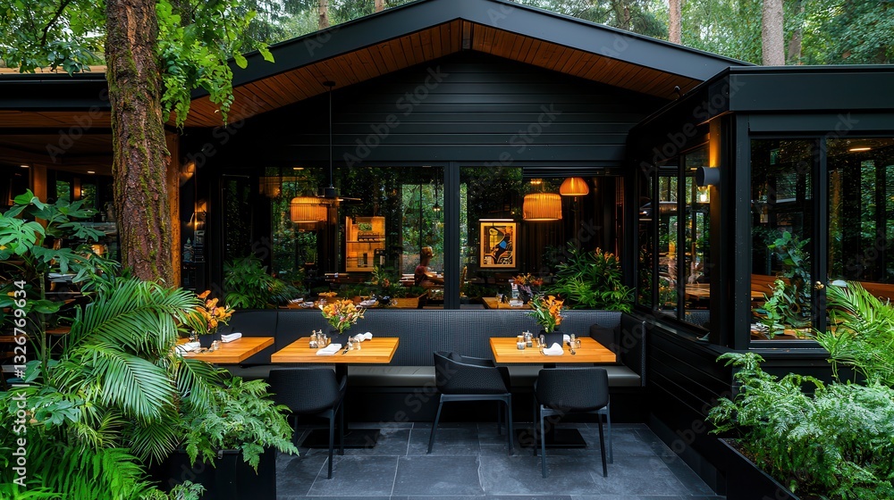 Naklejka premium Modern restaurant design surrounded by lush green plants and natural light