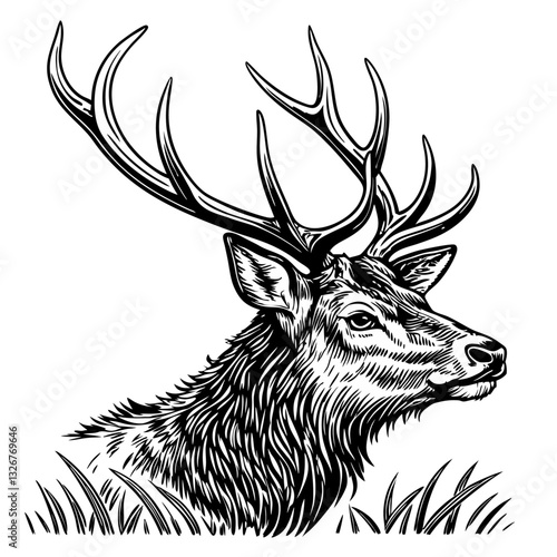highly detailed vintage-style vector art deer drawing isolated on white