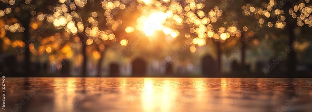 Soft Sunset Light Glowing Through Trees, Creating a Warm Atmosphere Over a Peaceful Outdoor Setting with a Blurred Background