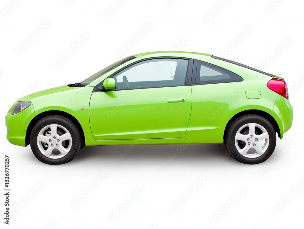 Lime green coupe shown in profile against a white background. The car is modern in design, with clean lines and simple details. Lime green coupe shown in profile against a white background. The car is modern in design, with clean lines and simple details.
