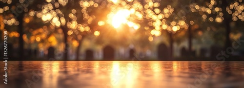 Obraz na płótnie Soft Sunset Light Glowing Through Trees, Creating a Warm Atmosphere Over a Peaceful Outdoor Setting with a Blurred Background w salonie