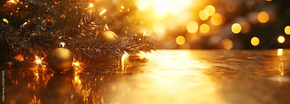 Festive Christmas Tree Decoration with Warm Golden Ornaments and Soft Bokeh Lights Creating a Cozy Holiday Atmosphere for Seasonal Celebrations