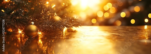 Obraz na płótnie Festive Christmas Tree Decoration with Warm Golden Ornaments and Soft Bokeh Lights Creating a Cozy Holiday Atmosphere for Seasonal Celebrations w salonie