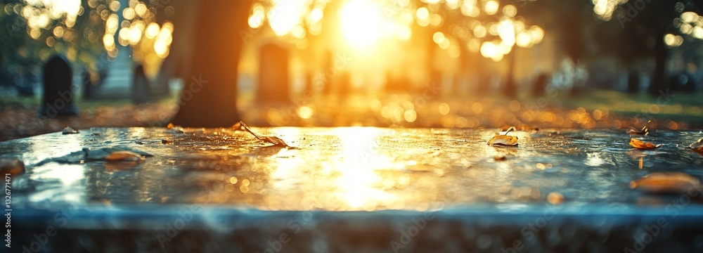 Soft Golden Light Glimmers on a Wet Headstone in a Tranquil Cemetery at Sunset, Surrounded by Autumn Leaves and Trees in the Background