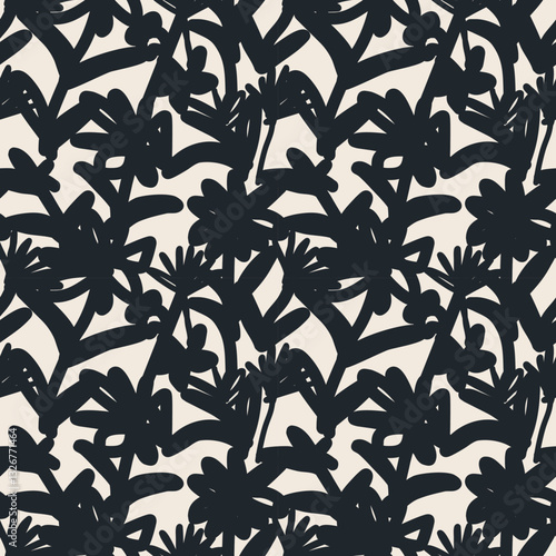 Seamless botanical pattern vector illustration. Abstract hand drawn style. Black color on cream background. For design background, textile, wallpaper, graphic, modern, mysterious, clothing, interior