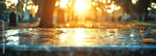 Obraz na płótnie Soft Golden Light Glimmers on a Wet Headstone in a Tranquil Cemetery at Sunset, Surrounded by Autumn Leaves and Trees in the Background w salonie