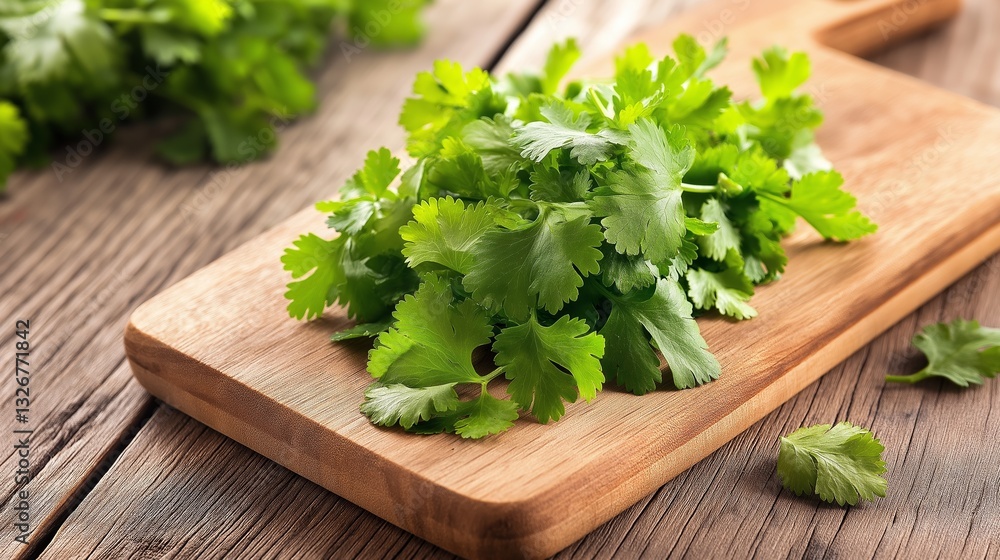 Freshly chopped cilantro on a wooden cutting board prepared for cooking in a kitchen Freshly chopped cilantro on a wooden cutting board prepared for cooking in a kitchen