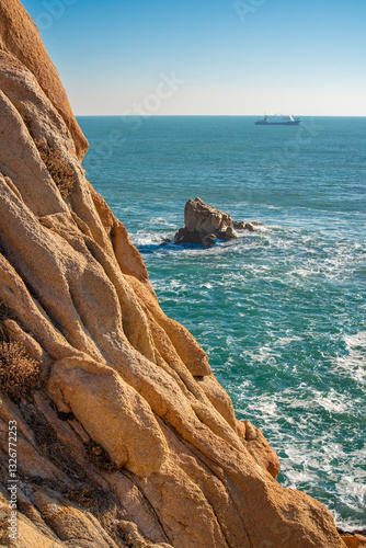 Rocky cliffs of Korea's sea coast on the Japanese sea 