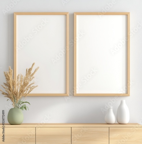 Two blank frames with light wood frames on a light wood cabinet, with a vase of dried flowers and two white vases on the cabinet against a textured white wall. Minimalist interior design mock up.