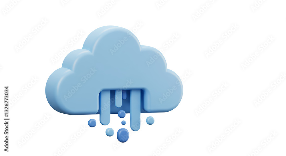 Blue Cloud with Falling Rain Droplets on Clean White Background Blue Cloud with Falling Rain Droplets on Clean White Background