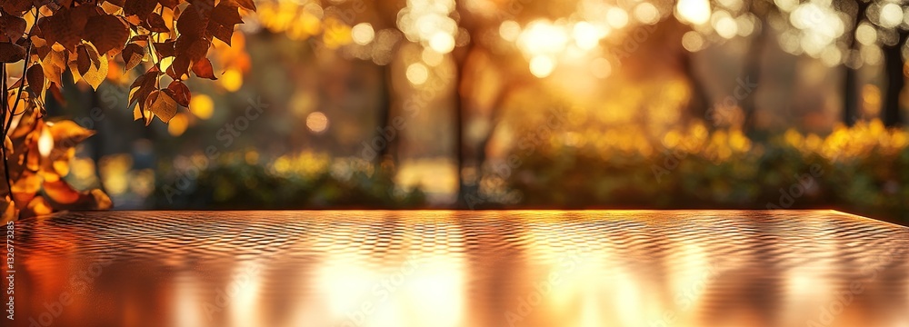 Serene Autumn Sunset with Warm Golden Light Reflecting on a Wooden Table Surrounded by Softly Blurred Nature in a Tranquil Outdoor Setting