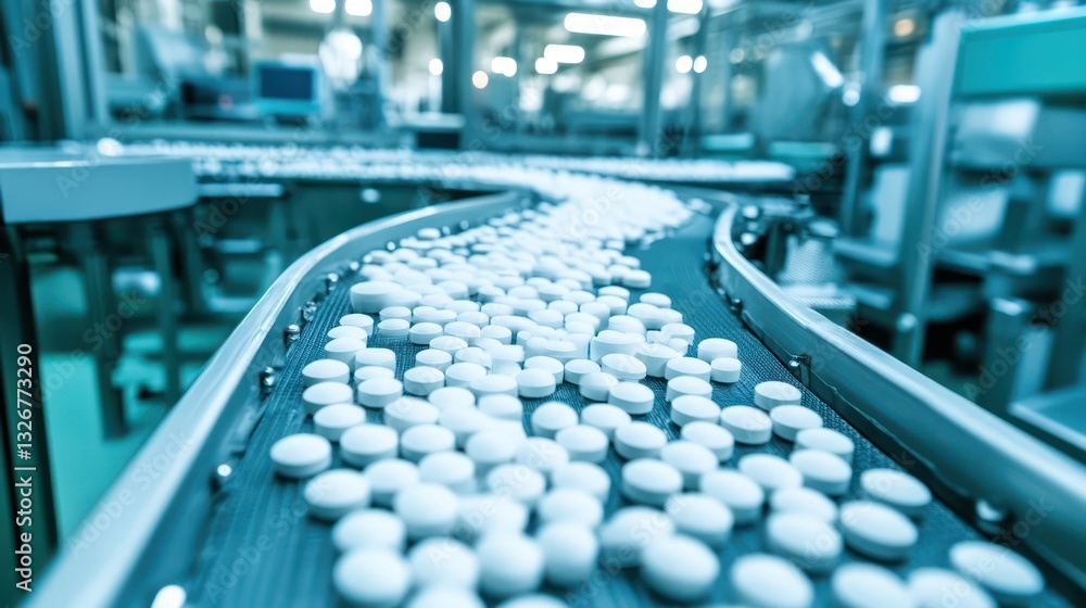 Pharmaceutical pills on automated conveyor belt (1)