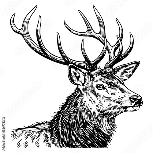 realistic wildlife ink sketch of a symmetrical deer head