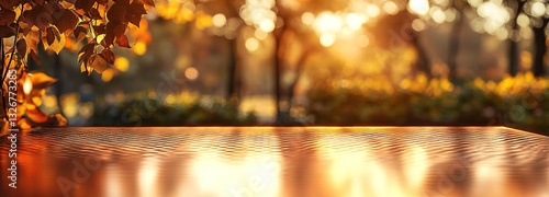 Obraz na płótnie Serene Autumn Sunset with Warm Golden Light Reflecting on a Wooden Table Surrounded by Softly Blurred Nature in a Tranquil Outdoor Setting w salonie
