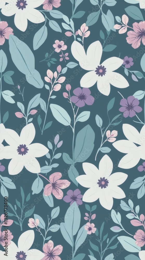 a floral pattern with beautiful flowers and leaves in shades of white, pink, and purple. The repeating design creates a visually appealing aesthetic, with an abstract and modern touch a floral pattern with beautiful flowers and leaves in shades of white, pink, and purple. The repeating design creates a visually appealing aesthetic, with an abstract and modern touch