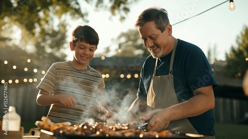 Father and son enjoy grilling carne asada together in a backyard setting on a sunny day