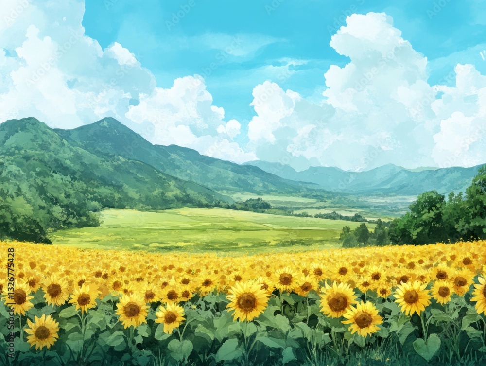 Vibrant sunflower field hilltop area digital artwork scenic view Vibrant sunflower field hilltop area digital artwork scenic view
