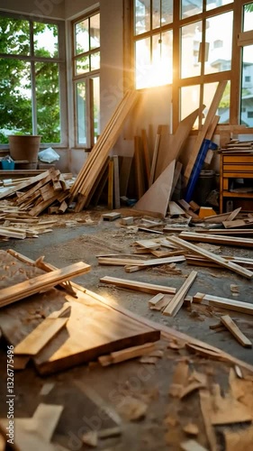 A sunlit woodworking shop with scattered wood shavings, tools, and unfinished projects in view