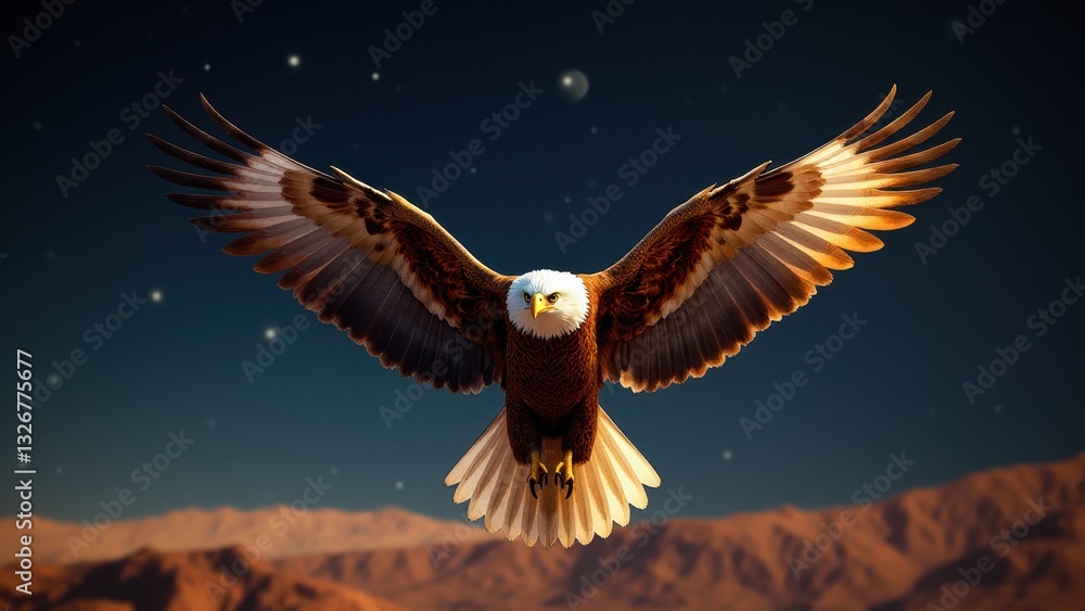 Obraz premium A majestic space eagle soars over a desert landscape with a starry night sky in the background.