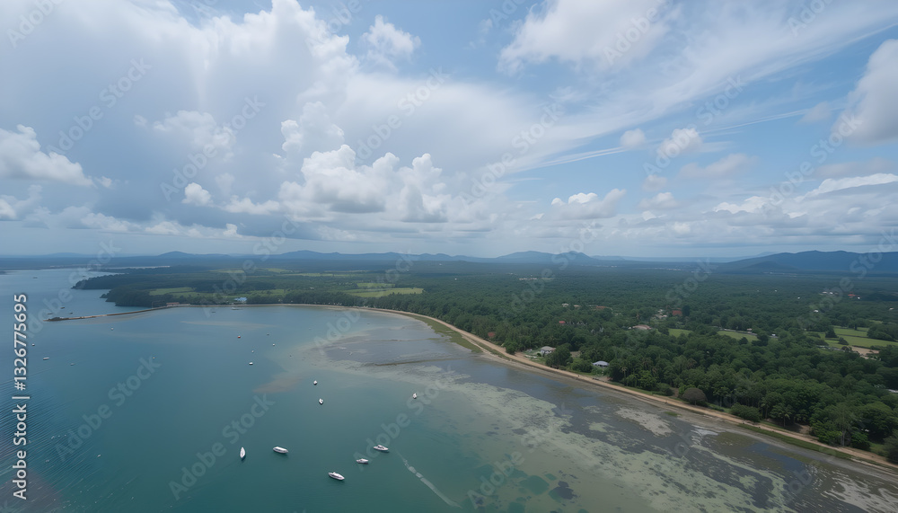 Obraz premium Aerial View: Coastal Paradise, Boats & Lush Green Landscape