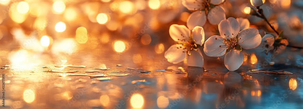 Delicate Cherry Blossom Flowers Against a Glowing Background of Soft Bokeh Lights and Water Drops on a Reflective Surface in Gentle Colors