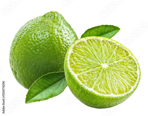 Fotografie Vibrant whole and halved green limes with leaves, displaying their bright exteri