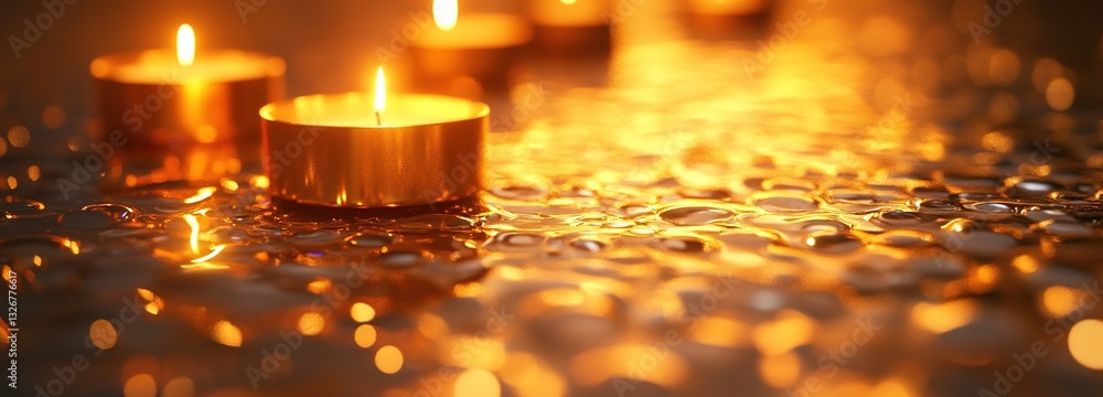 Warm Glimmering Light of Floating Candles with Reflections on a Wet Surface Creating a Calm and Serene Atmosphere for Relaxation and Meditation
