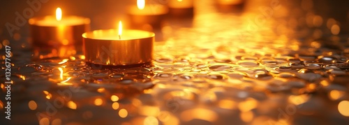 Obraz na płótnie Warm Glimmering Light of Floating Candles with Reflections on a Wet Surface Creating a Calm and Serene Atmosphere for Relaxation and Meditation w salonie