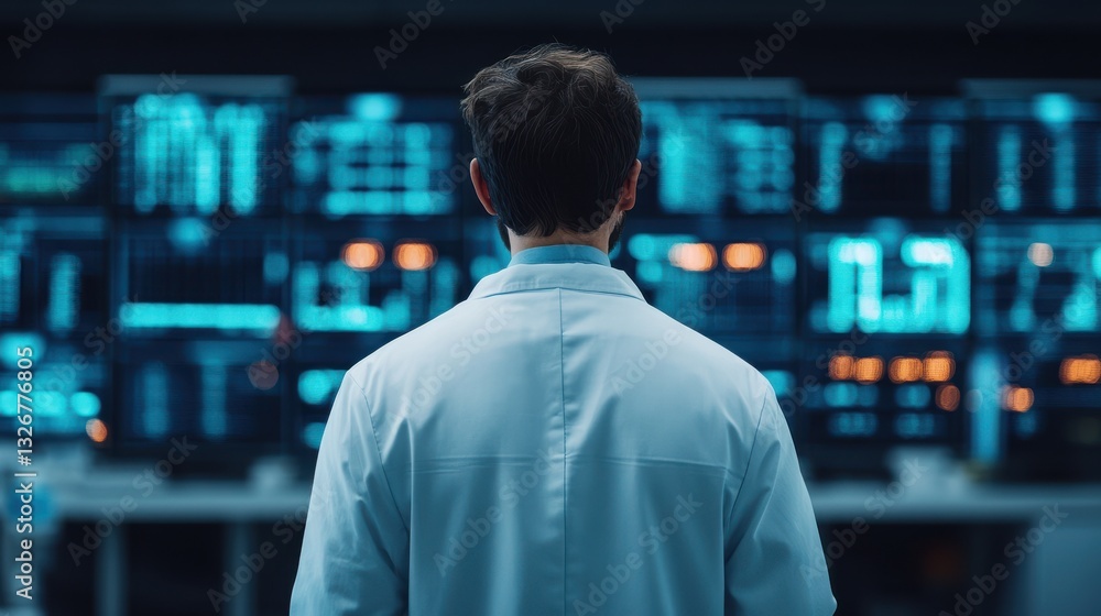 A scientist observes data displays in a high-tech environment, surrounded by glowing screens showcasing various metrics and information. A scientist observes data displays in a high-tech environment, surrounded by glowing screens showcasing various metrics and information.