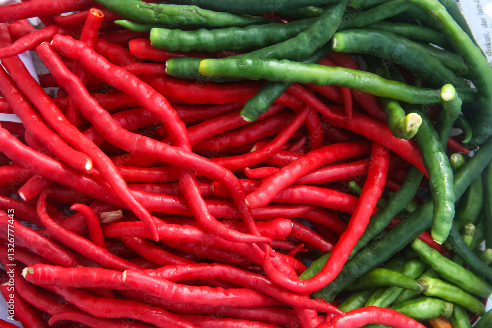 Fresh red chilies arranged on the table, red chilies are a commodity that is much in demand as a cooking spice Fresh red chilies arranged on the table, red chilies are a commodity that is much in demand as a cooking spice