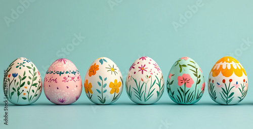 Easter Concept: A row of hand painted Easter eggs with pastel floral designs on a light blue background, with copy space for text.
