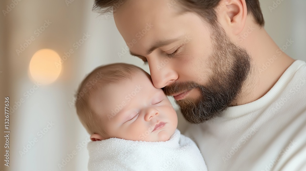 Father shares a tender moment with newborn through a loving kiss on the forehead Father shares a tender moment with newborn through a loving kiss on the forehead