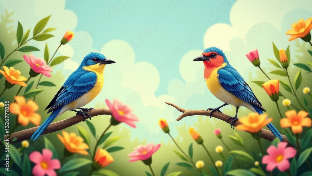 Fototapeta premium Two colorful summer birds perched on branches surrounded by vibrant flowers.