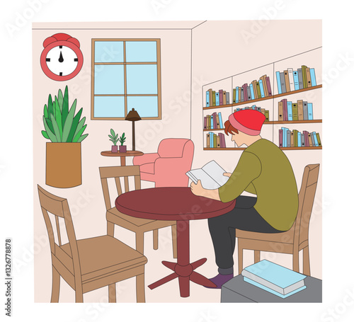 vector illustration Cozy Library Reading Scene Student Studying in Book Cafe or Study Room.