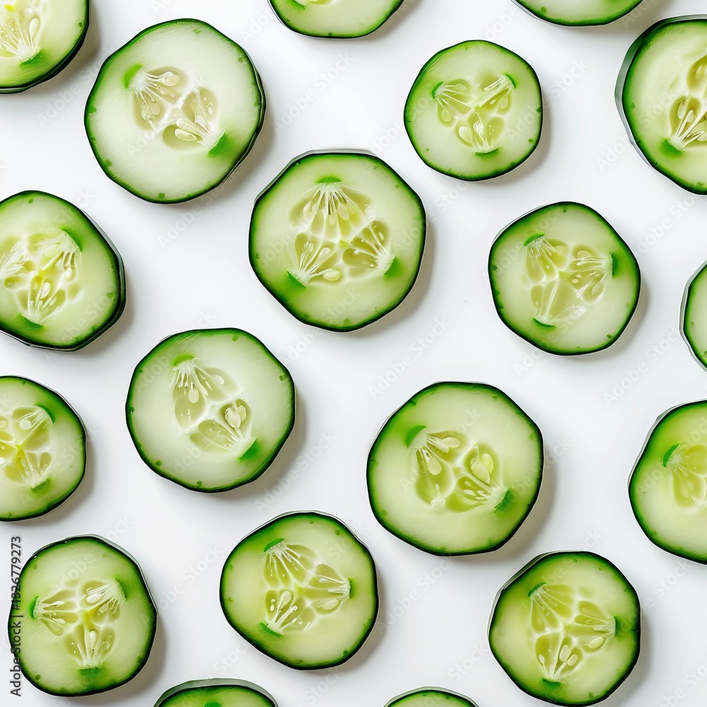Fresh Cucumber Slices on Empty White Background Aerial View Plain Fat Ready to Eat Fresh Cucumber Slices on Empty White Background Aerial View Plain Fat Ready to Eat