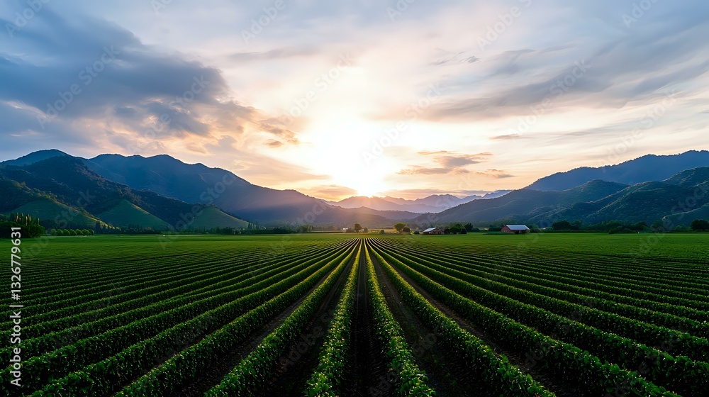 Agricultural rows stretch toward distant mountains at sunset, vibrant green crops create leading lines across fertile valley, dramatic sky with sunburst illuminates rural farmland. Agricultural rows stretch toward distant mountains at sunset, vibrant green crops create leading lines across fertile valley, dramatic sky with sunburst illuminates rural farmland.