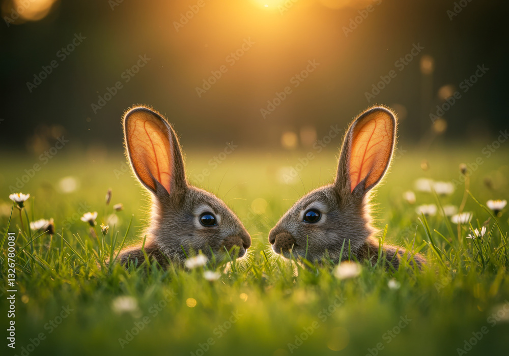 Fototapeta premium Two rabbits in sunlit field with daisies and dew at sunrise