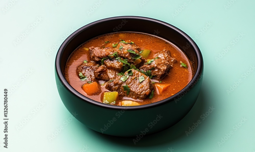 Rich and hearty cazuela stew with meat and vegetables served in a black bowl against a muted light blue background Rich and hearty cazuela stew with meat and vegetables served in a black bowl against a muted light blue background