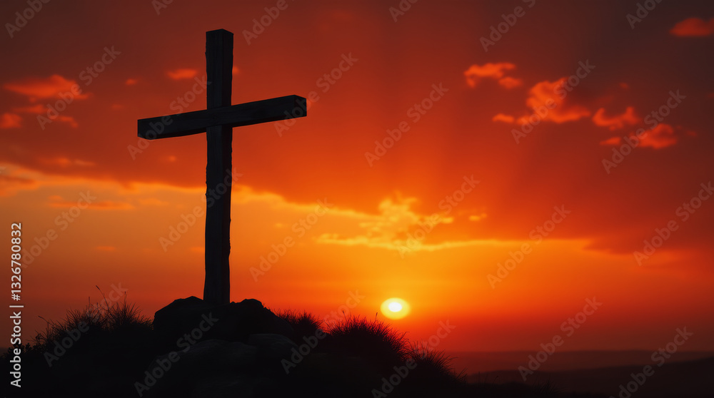 Rugged Wooden Cross Standing on a Hill at Sunset, Silhouetted Against a Sky Filled with Fiery Hues Rugged Wooden Cross Standing on a Hill at Sunset, Silhouetted Against a Sky Filled with Fiery Hues