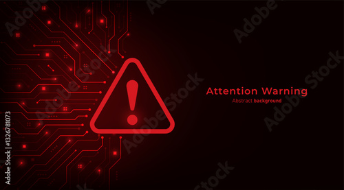 Concept of Hacker warning. Attention Danger Symbol on circuit board and dark red background. Data Breach, Malware, Cyber Attack, Hacking, and Security protection Concept. Vector illustration.